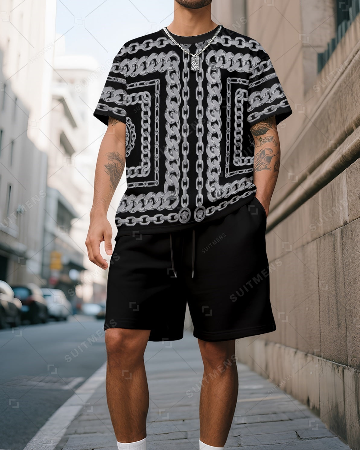 Men's Summer Colorblock Printed Round Neck Suit 045