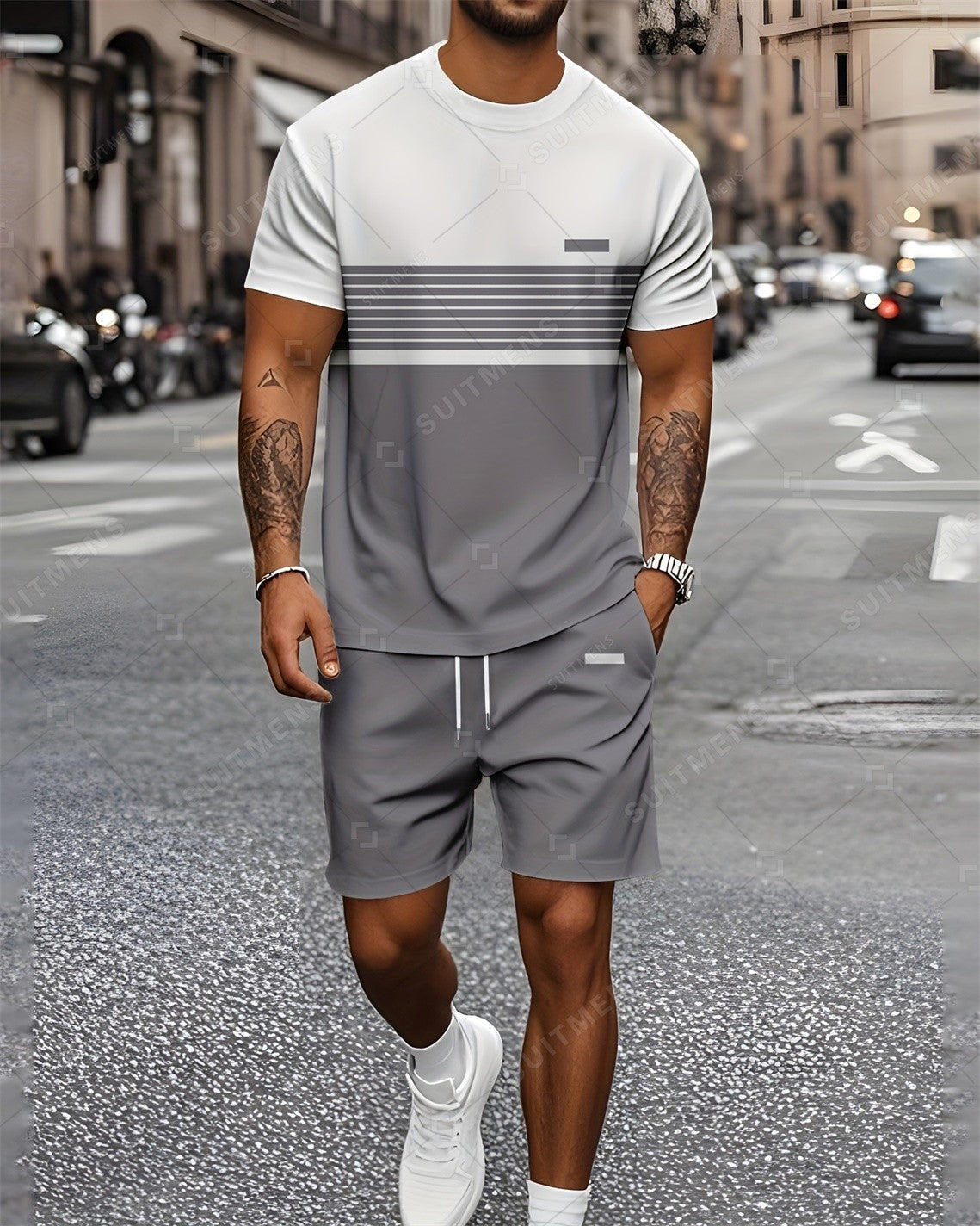 Men's Summer Retro Printed Round Neck Set 923