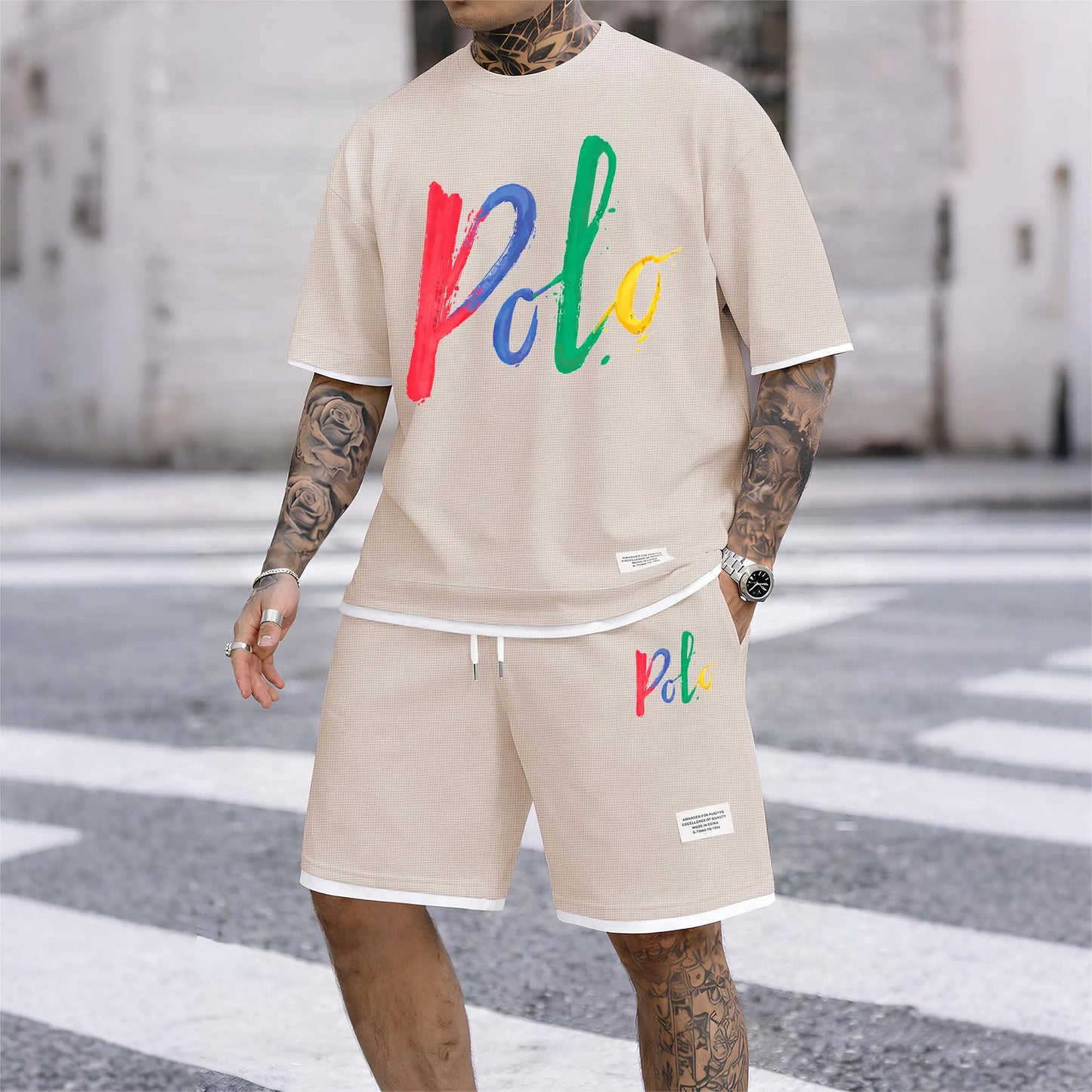 Men's Polo Print Drawstring Shorts Set For Spring/Summer. A Casual Summer Outfit, Including A Short-Sleeved Shirt And Shorts, Suitable For Everyday Wear And Sports. A Two-Piece Set For A Relaxed And Energetic Lifestyle.