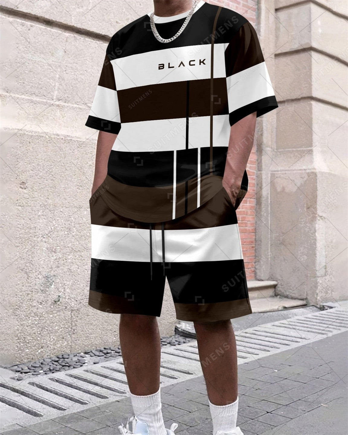 Men's Summer Colorblock Printed Round Neck Set 383