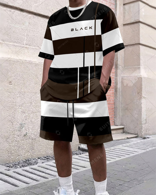 Men's Summer Colorblock Printed Round Neck Set 383
