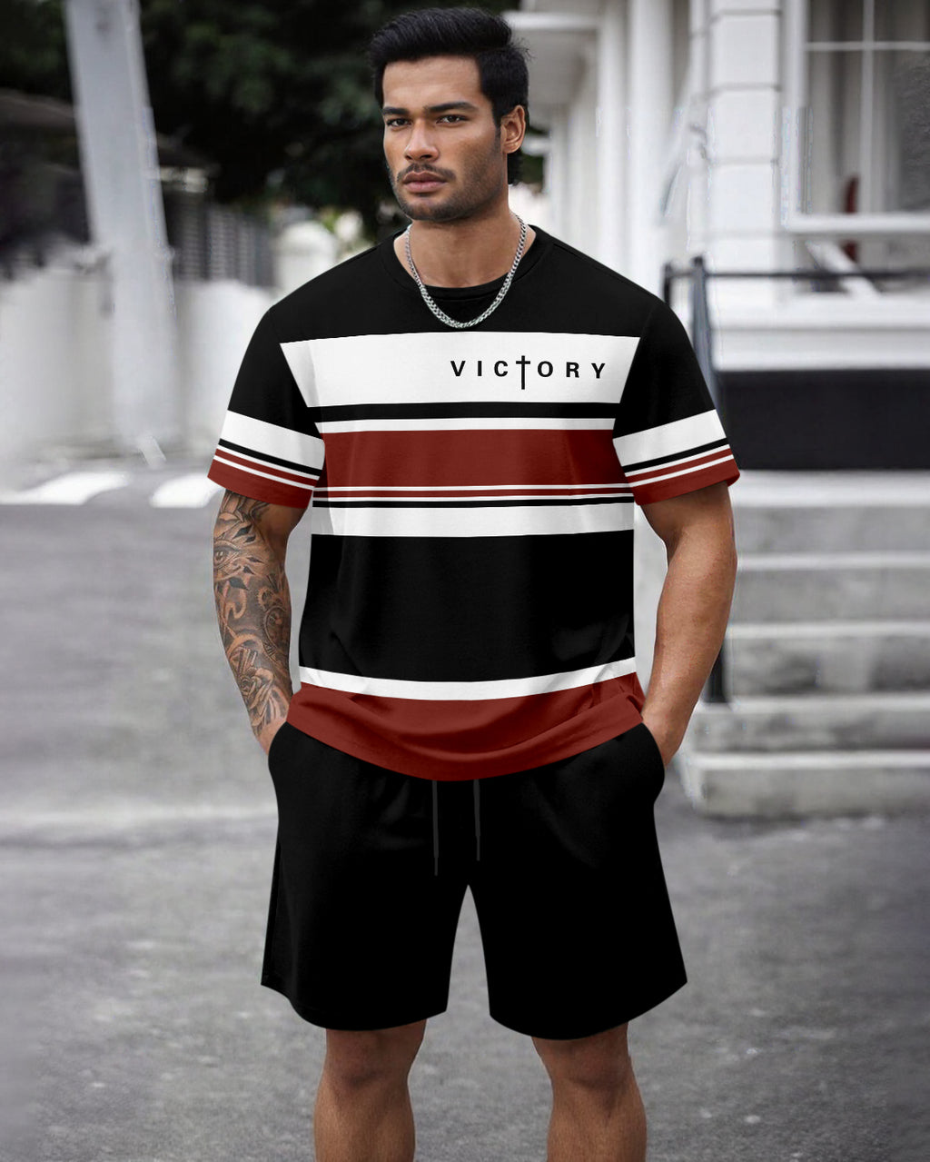 Men's Summer Colorblock Printed Round Neck Set 468
