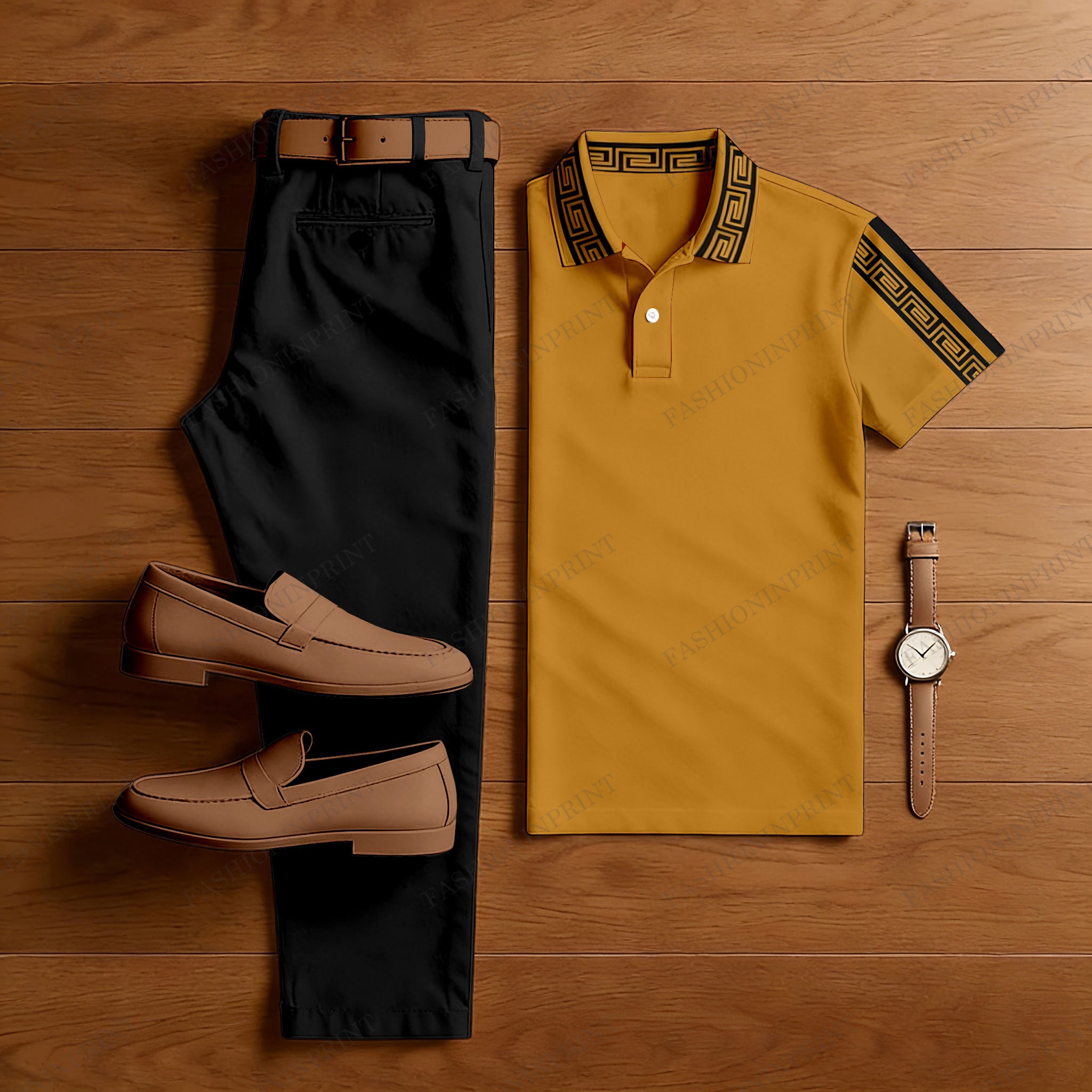 Men's Casual Black & Ginger Color Matching Baroque Style Printed Short Sleeved Polo Shirt & Trousers Two-Piece Set