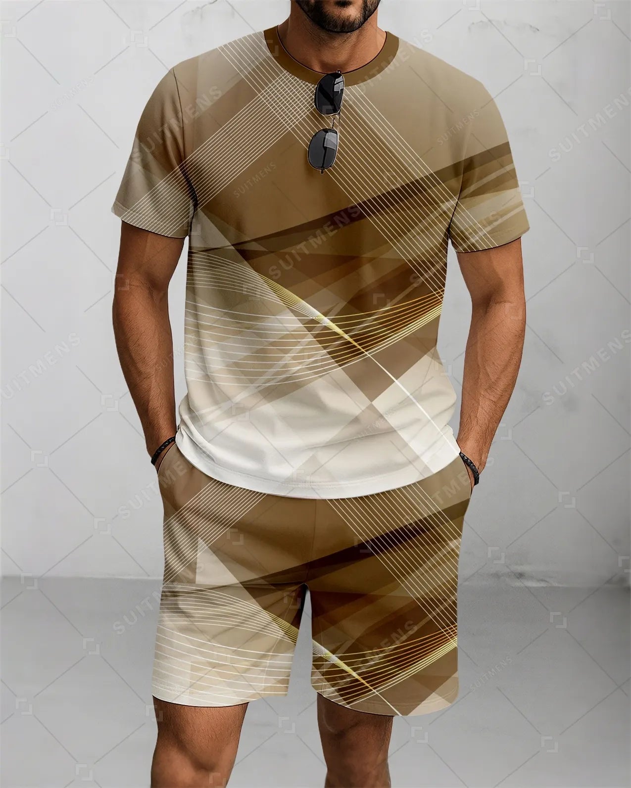 Men's Summer Colorblock Printed Round Neck Suit 089