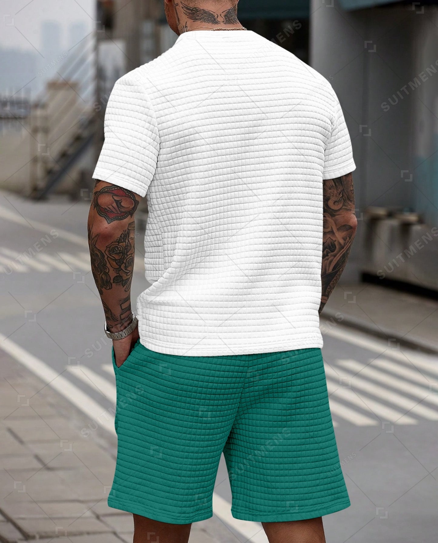 Men's Casual Waffle Textured Summer Round Neck Short Sleeve Shorts Set 0013