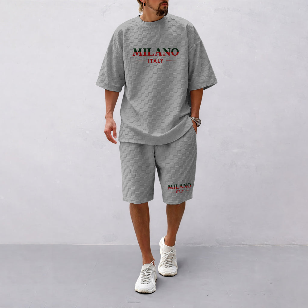 Men's Spring and Summer Milan Letter Print Checkered Fabric Drawstring Shorts Set, Casual Summer Outfit with Short-Sleeved Shirt and Shorts, Ideal for Everyday Wear and Sports Activities