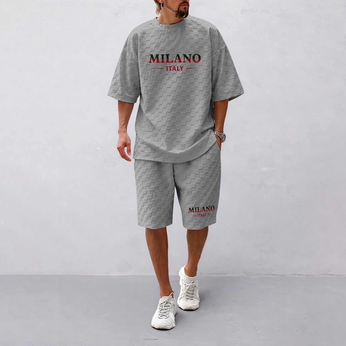 Men's Spring and Summer Milan Letter Print Checkered Fabric Drawstring Shorts Set, Casual Summer Outfit with Short-Sleeved Shirt and Shorts, Ideal for Everyday Wear and Sports Activities