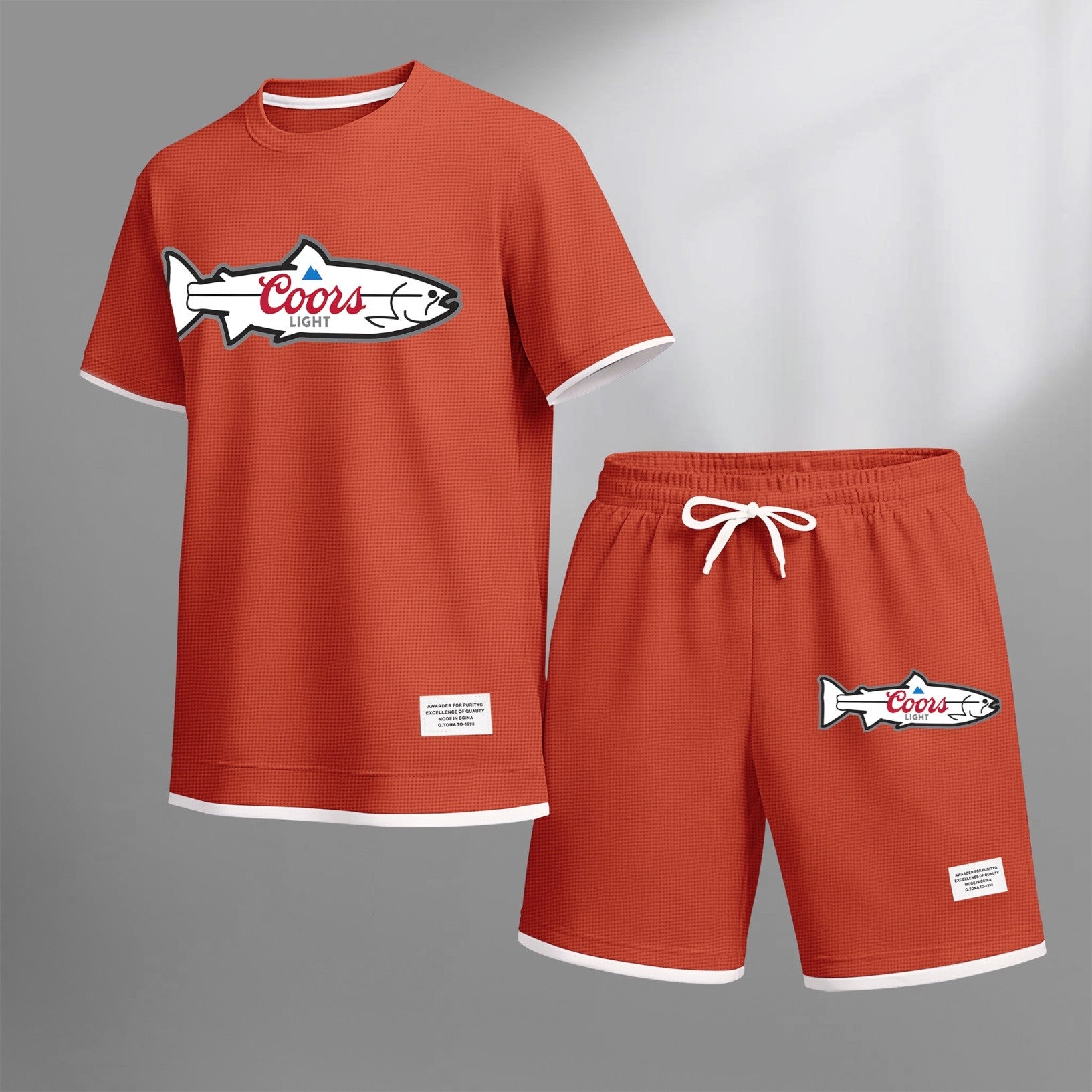 Men's vintage beverage print drawstring shorts set, suitable for spring and summer wear. This casual summer set includes a short-sleeved shirt and shorts, perfect for everyday wear and sports. Two-piece set design.