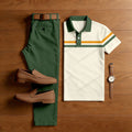 Men's Casual White & Green Color Stripe Short Sleeved Polo Shirt & Trousers Two-Piece Set
