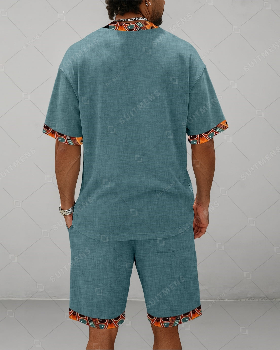 Men's Summer Colorblock Printed Round Neck Suit 082