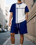 Men's Summer Colorblock Printed Round Neck Suit 048