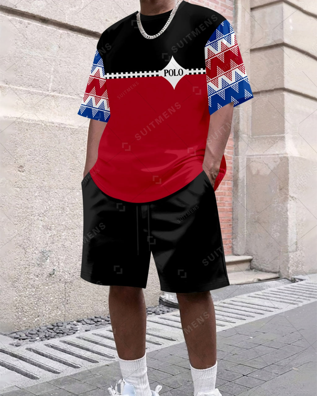 Men's Summer Colorblock Printed Round Neck Suit 040