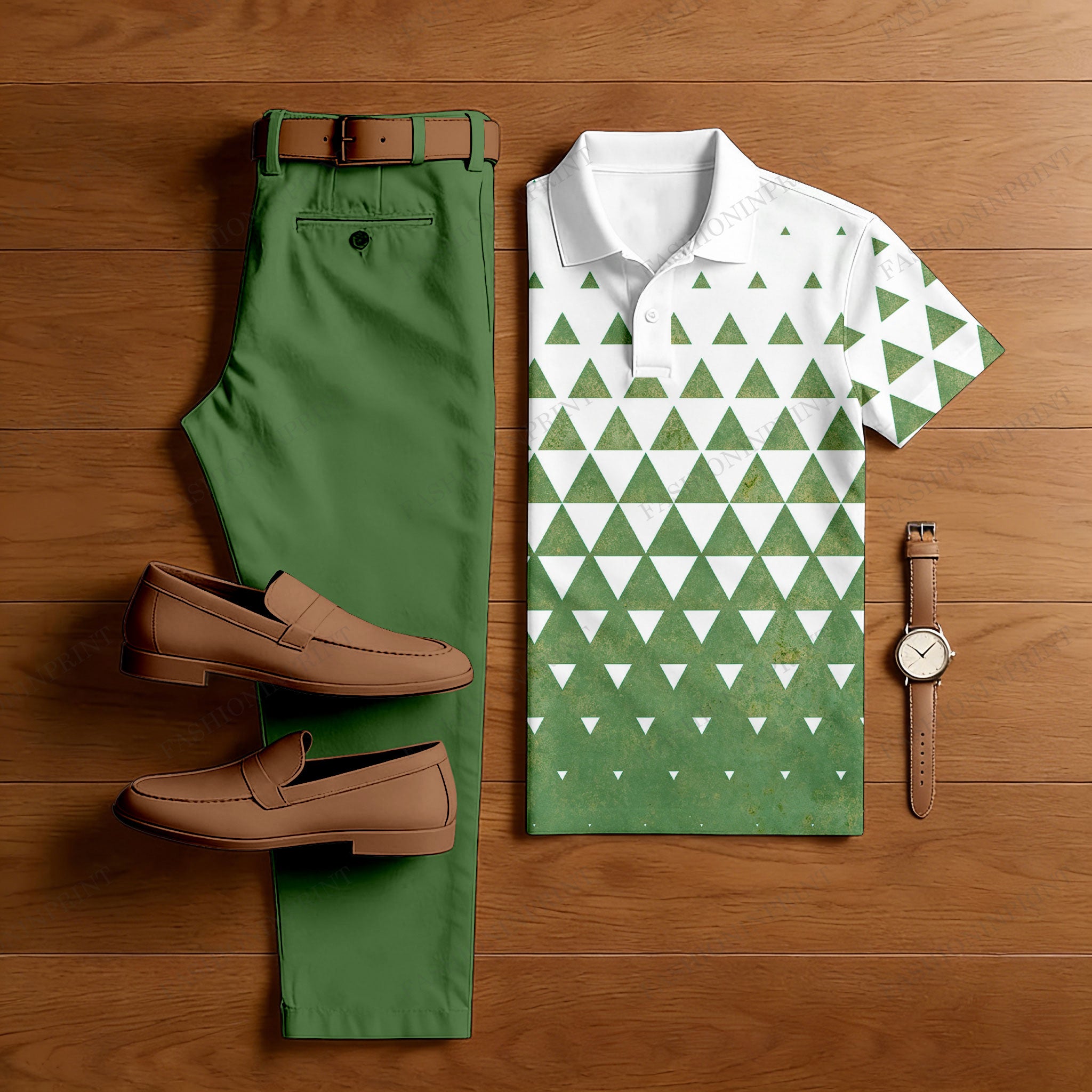 Men's Casual Green Triangle Printed Polo Shirt And Pants Two-Piece Set