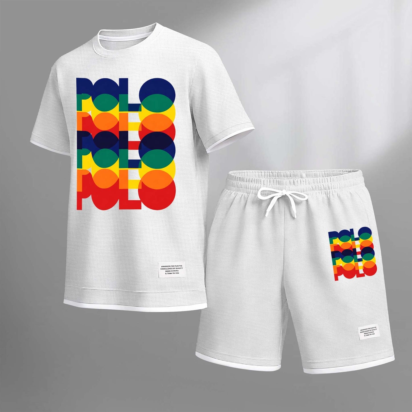 Men's Polo Print Drawstring Shorts Set For Spring/Summer. A Casual Summer Outfit, Including A Short-Sleeved Shirt And Shorts, Suitable For Everyday Wear And Sports. A Two-Piece Set For A Relaxed And Energetic Lifestyle.