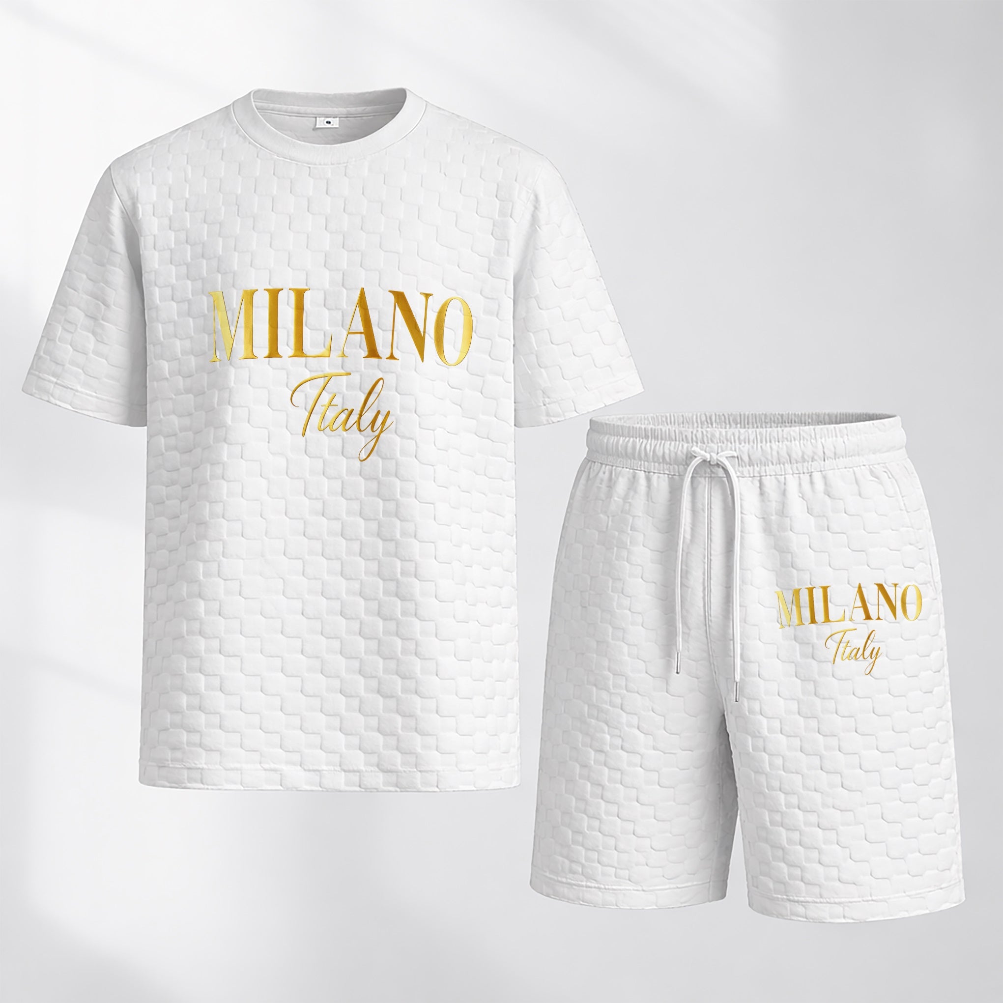 Men's Spring and Summer 'MILANO Italy' Letter Print Checkered Fabric Drawstring Shorts Set, Casual Summer Outfit with Short-Sleeved Shirt and Shorts, Ideal for Everyday Wear and Sports Activities
