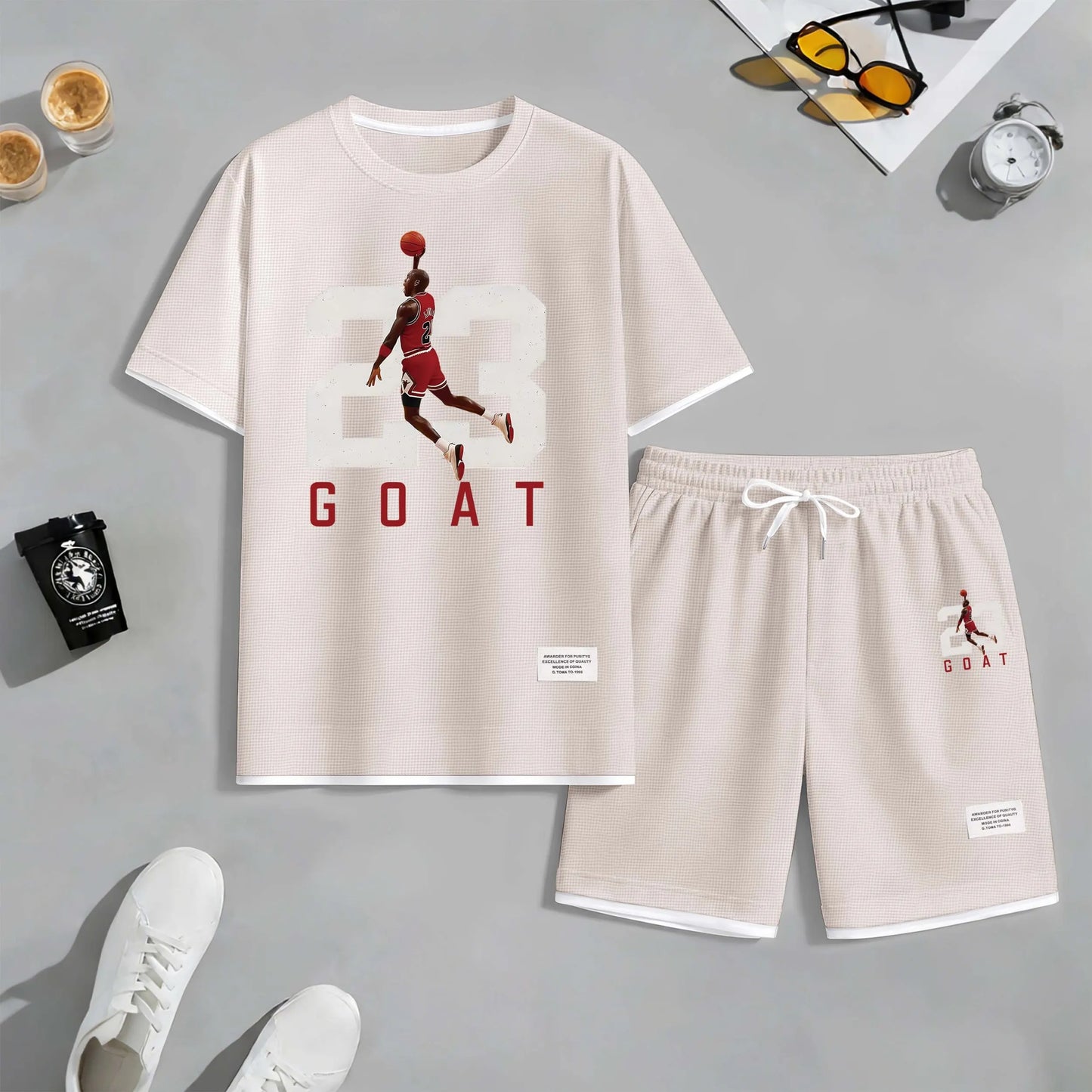 Men's Basketball 23 Print Drawstring Shorts Set For Spring/Summer. A Casual Summer Outfit, Including A Short-Sleeved Shirt And Shorts, Suitable For Everyday Wear And Sports. A Two-Piece Set For A Relaxed And Energetic Lifestyle.