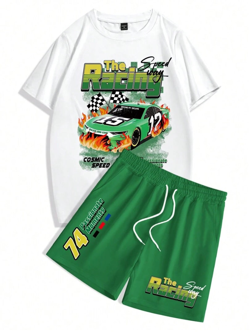 Men's Summer Car Print Round Neck Set 261