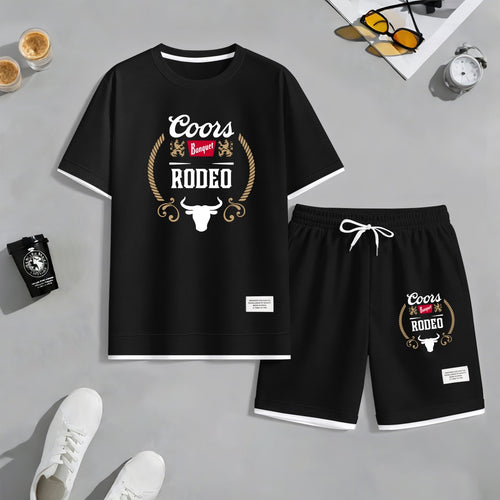 Men's American Lager Print Waffle Fabric Short-Sleeved Shirt And Shorts Set