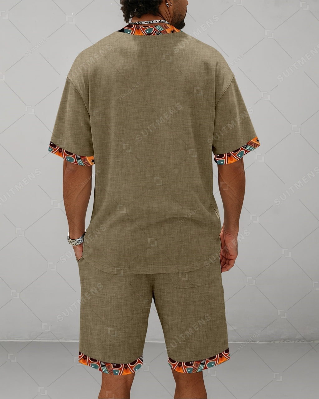 Men's Summer Colorblock Printed Round Neck Suit 082