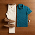 Men's Casual Peacock Blue & Khaki Color Matching Short Sleeved Polo Shirt & Trousers Two-Piece Set