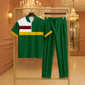 Men's Casual Green & Yellow Color Matching Geometric Printed Zipper Short Sleeved Polo Shirt & Trousers Two-Piece Set