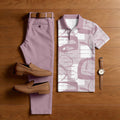 Men's Casual Pink & White Color Matching Retro Style Printed Short Sleeved Polo Shirt & Trousers Two-Piece Set