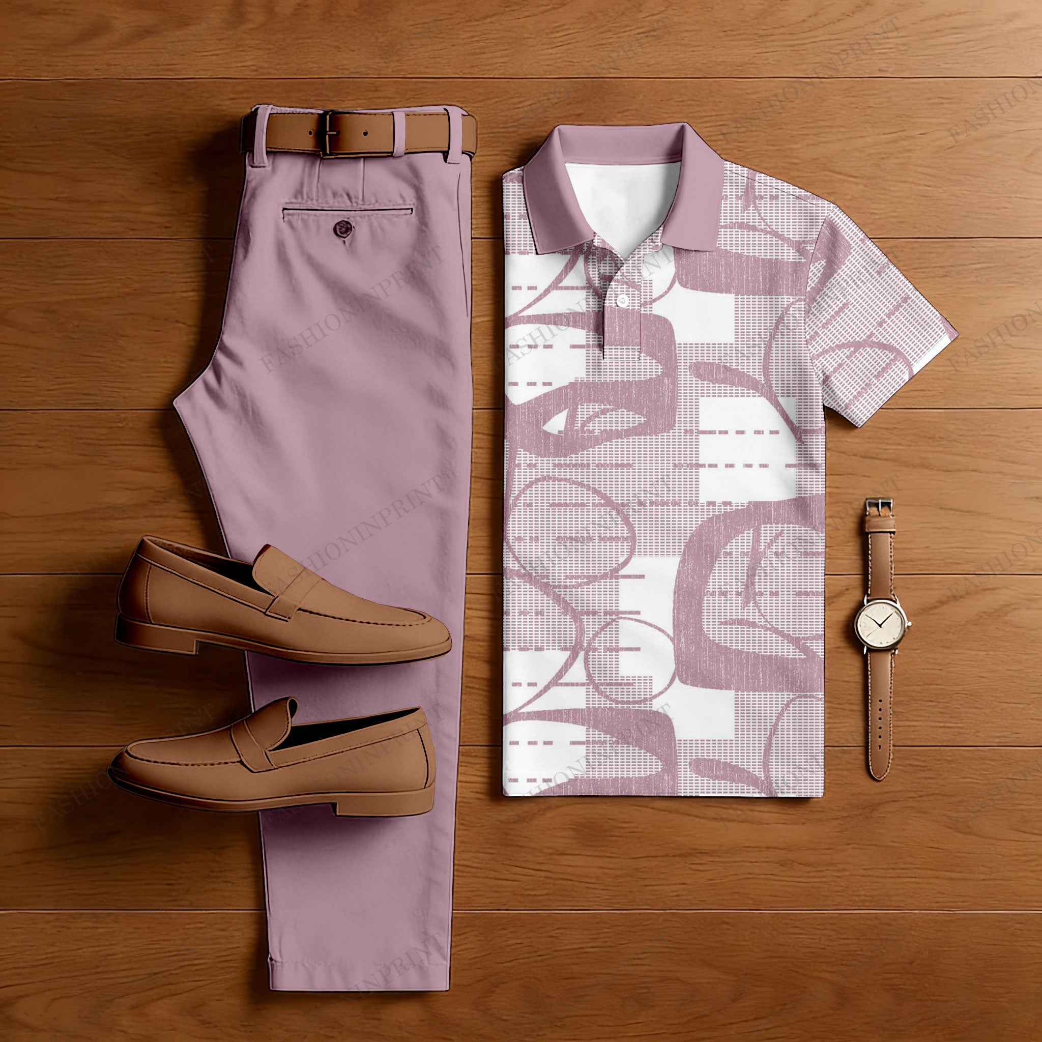Men's Casual Pink & White Color Matching Retro Style Printed Short Sleeved Polo Shirt & Trousers Two-Piece Set
