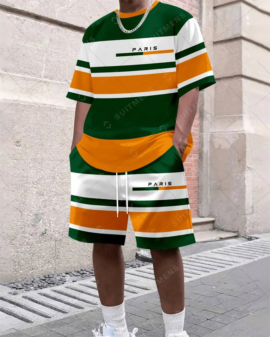 Men's Summer Colorblock Printed Round Neck Set 387