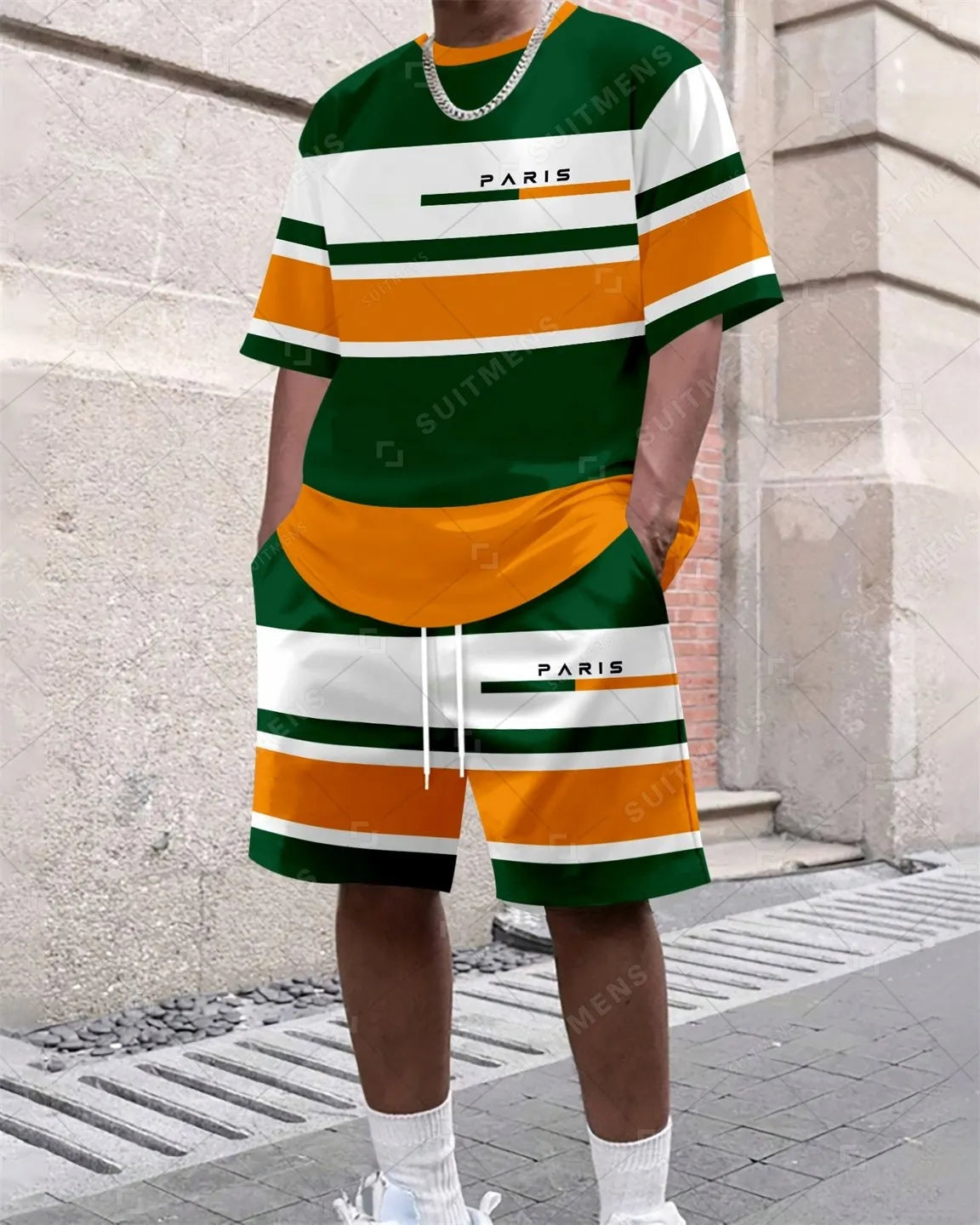 Men's Summer Colorblock Printed Round Neck Set 387