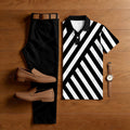 Men's Casual White & Black Color Matching Striped Printed Short Sleeved Polo Shirt & Trousers Two-Piece Set