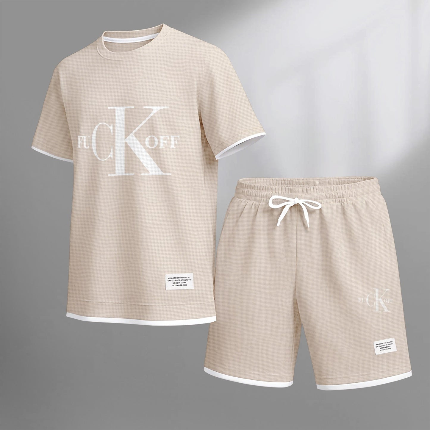 Men's Classic print drawstring shorts set for spring/summer, a casual summer outfit including a short-sleeved shirt and shorts, suitable for everyday wear and sports. A two-piece set for a relaxed and energetic lifestyle.