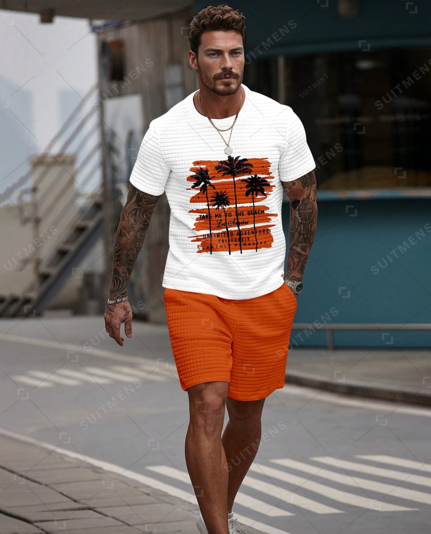 Men's Casual Waffle Textured Summer Round Neck Short Sleeve Shorts Set 0013