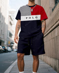 Men's Summer Colorblock Printed Round Neck Suit 046