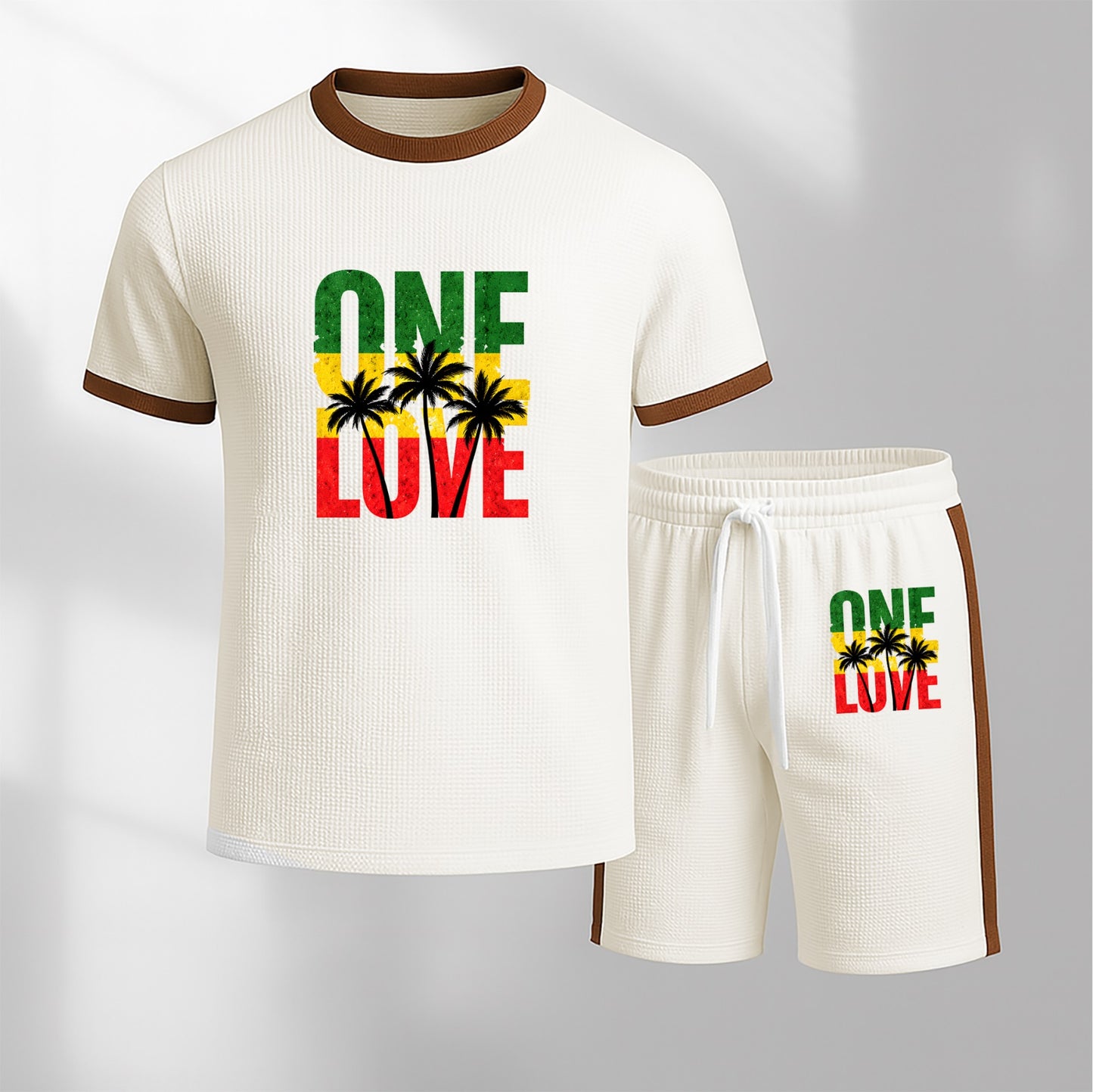 Men's Pattern Short-Sleeve T-Shirt and Drawstring Shorts Set, Men's Clothing, Casual Sporty Short-Sleeve Top and Shorts, Summer Men's Everyday Wear, Indoor and Outdoor Sportswear, Athletic Set