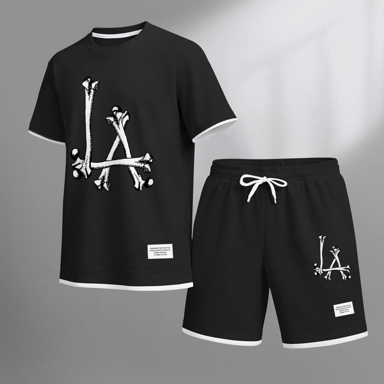 Men's Streetwear Skeleton Print Waffle Fabric Short-Sleeved Shirt And Shorts Set