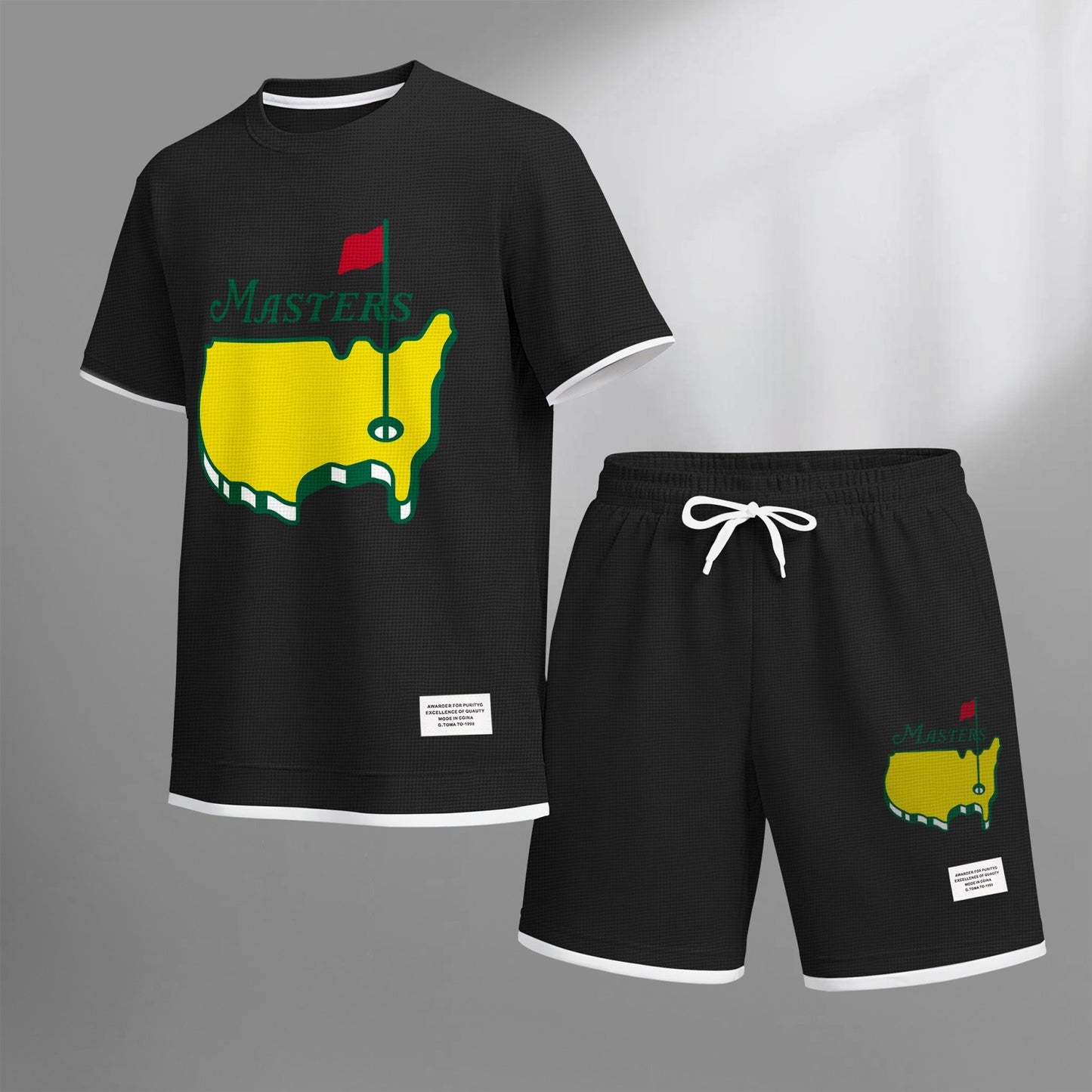 Men's Classic Golf Club print drawstring shorts set for spring/summer, a casual summer outfit including a short-sleeved shirt and shorts, suitable for everyday wear and sports. A two-piece set for a relaxed and energetic lifestyle.