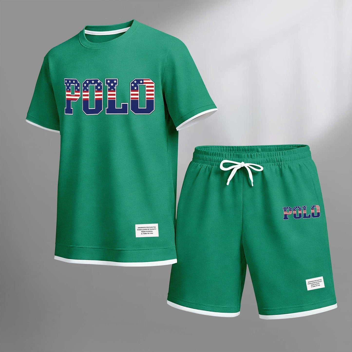 Men's Polo Print Drawstring Shorts Set For Spring/Summer. A Casual Summer Outfit, Including A Short-Sleeved Shirt And Shorts, Suitable For Everyday Wear And Sports. A Two-Piece Set For A Relaxed And Energetic Lifestyle.