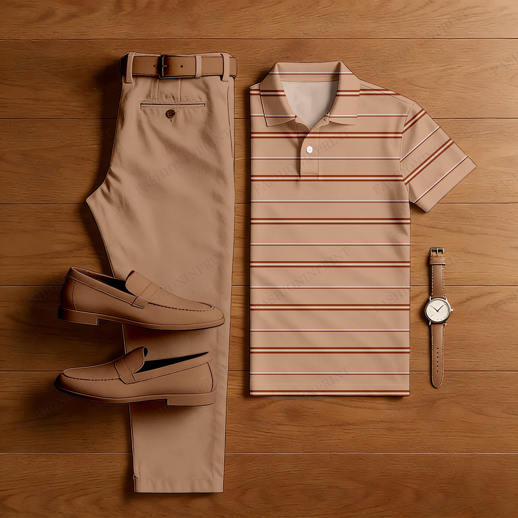 Men's Casual Orange Pink & Red Color Matching Striped Printed Short Sleeved Polo Shirt & Trousers Two-Piece Set
