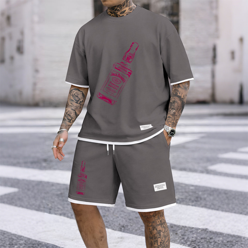 Men's Beer And Beverage Printed Drawstring Shorts Set, Suitable For Spring And Summer Wear, Casual Summer Set, Including Short-Sleeved Shirt And Shorts, Suitable For Everyday Wear And Sports 07