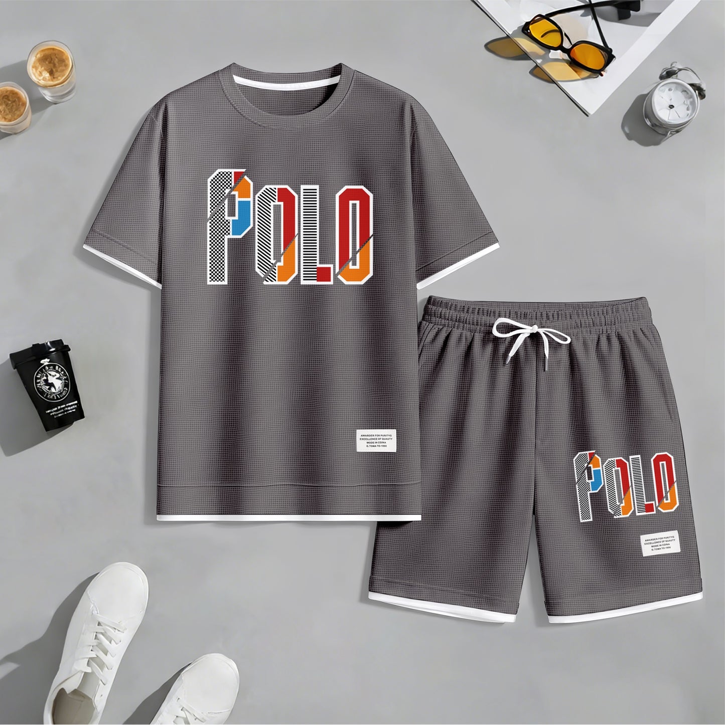 Men's Retro Cool Letter Print Short Sleeve T-Shirt & Shorts Set, Summer Lightweight Waffle Sporty Casual Two-Piece Outfit, Streetwear for Gym & Daily Wear