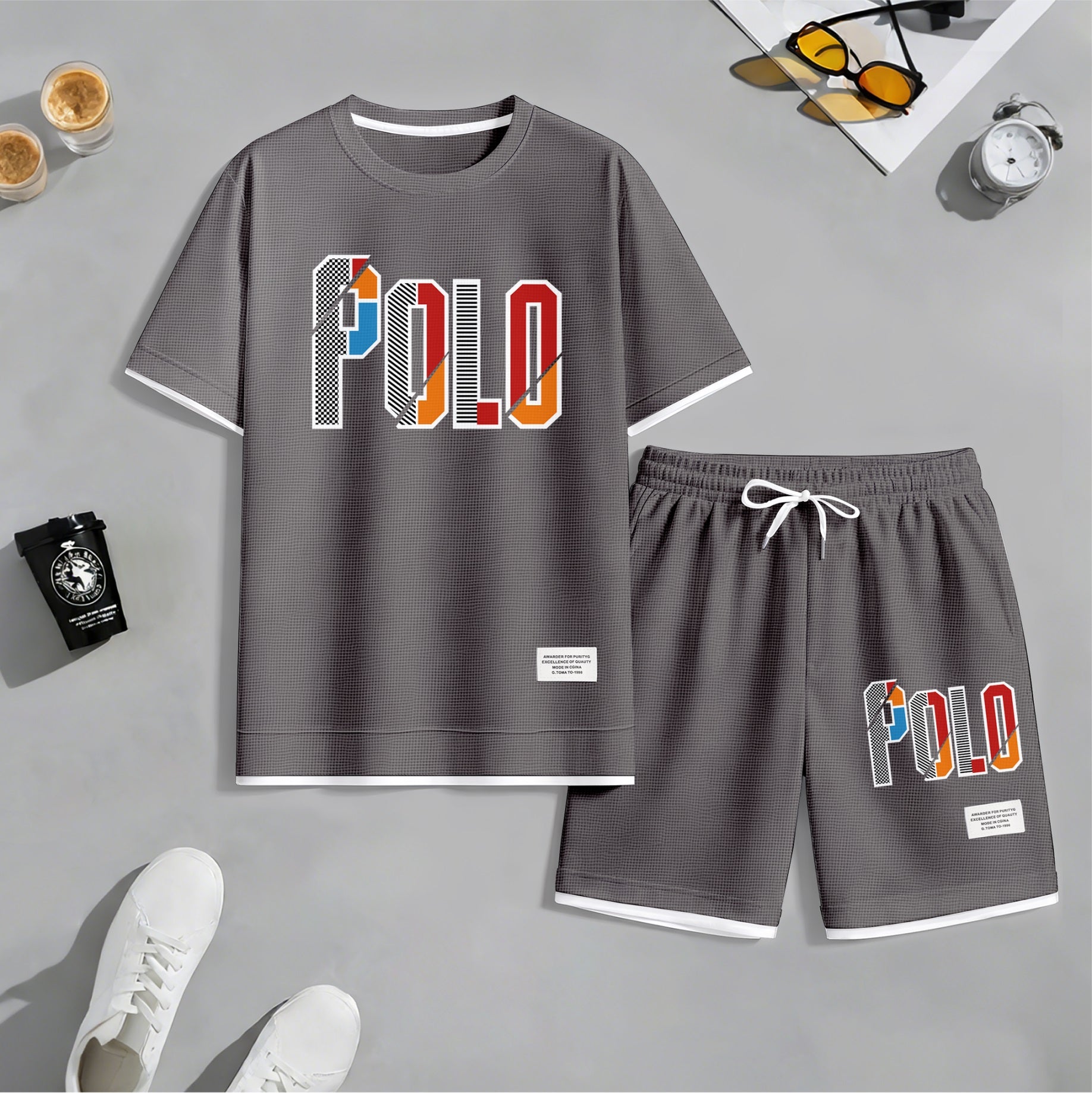 Men's Retro Cool Letter Print Short Sleeve T-Shirt & Shorts Set, Summer Lightweight Waffle Sporty Casual Two-Piece Outfit, Streetwear for Gym & Daily Wear