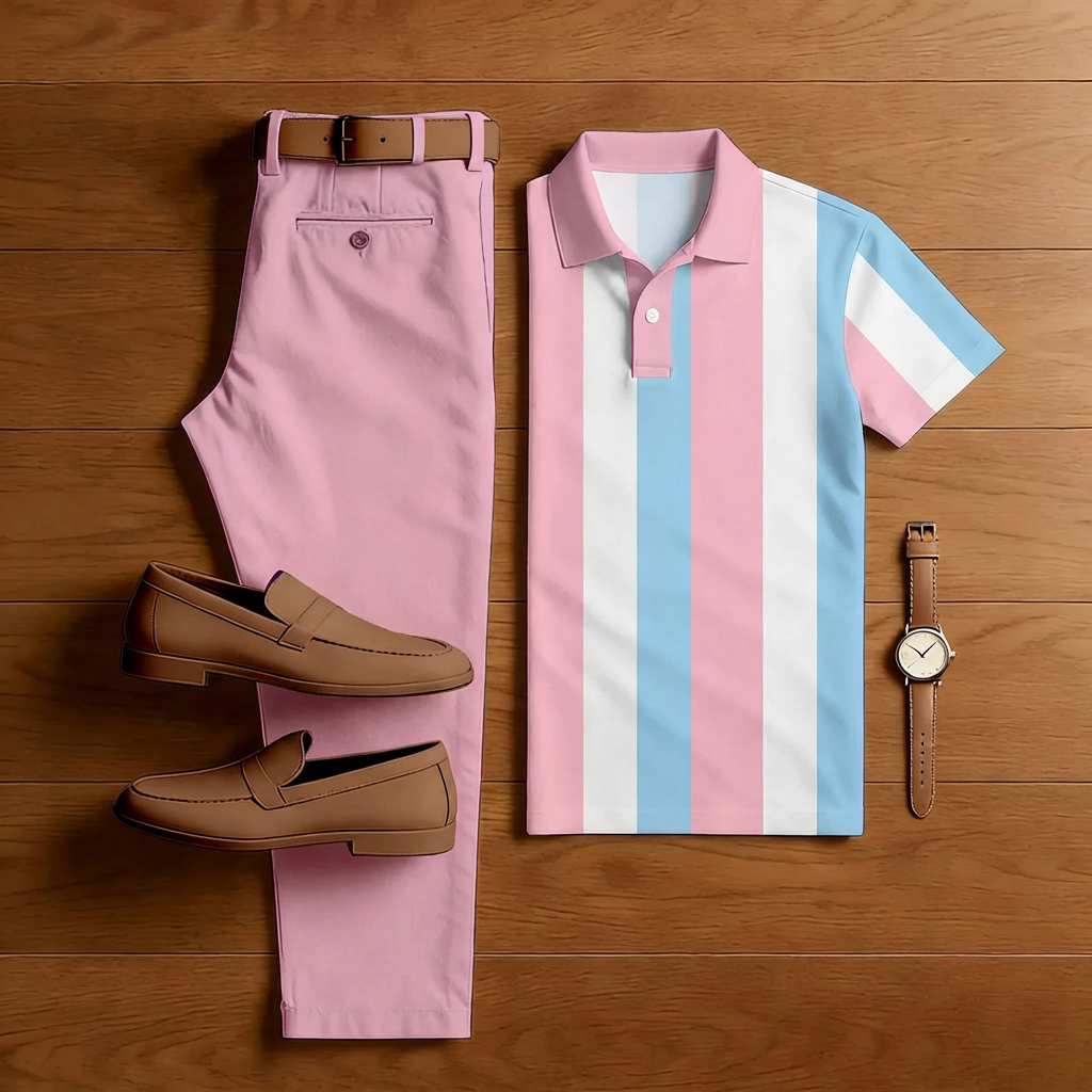 Men's Casual Pink And Blue Striped Print Short-Sleeved Polo Shirt And Trousers Two-Piece Set 203653