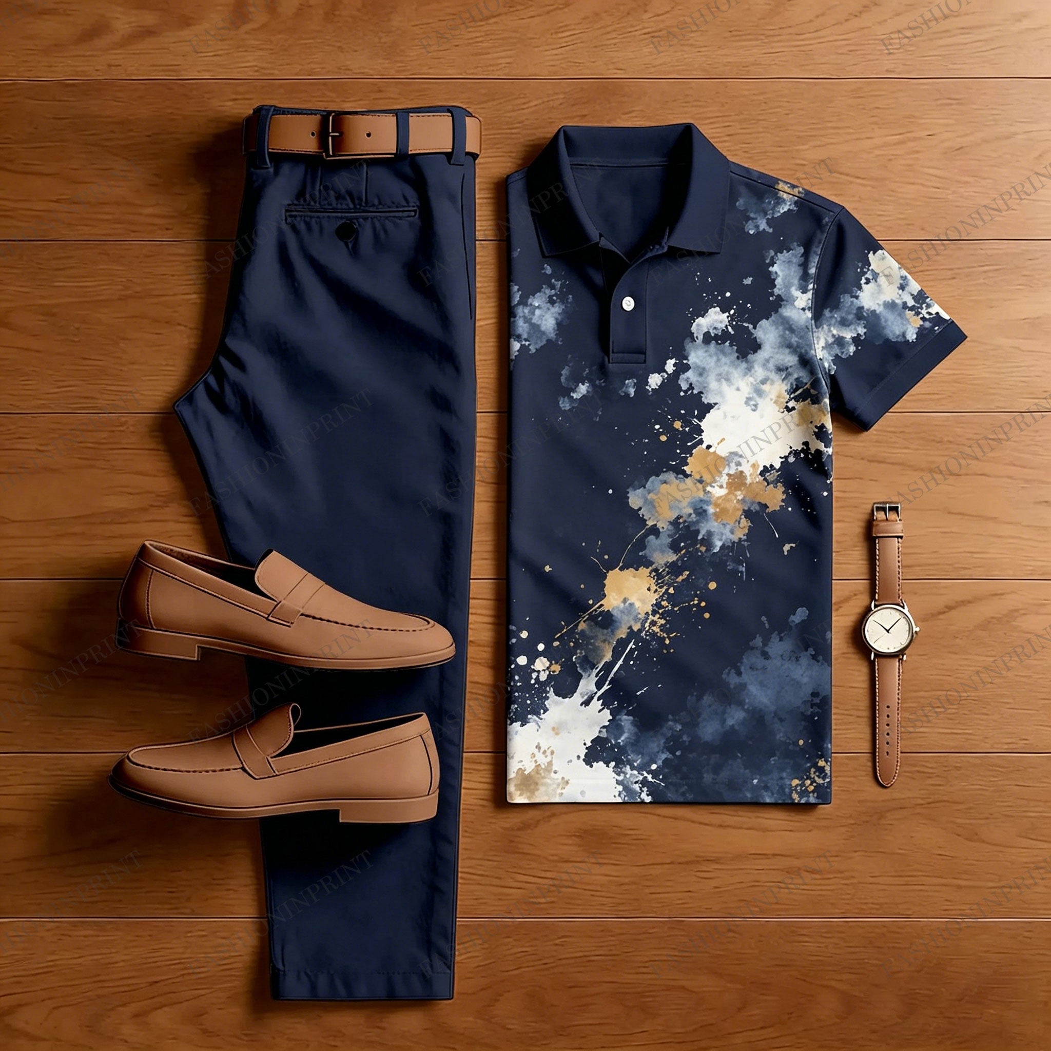 Men's Casual Dark Gray Graffiti Printed Polo Shirt And Pants Two-Piece Set