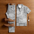 Men's Casual Gray Color Matching Ethnic Style Floral Printed Short Sleeved Polo Shirt & Trousers Two-Piece Set 202667