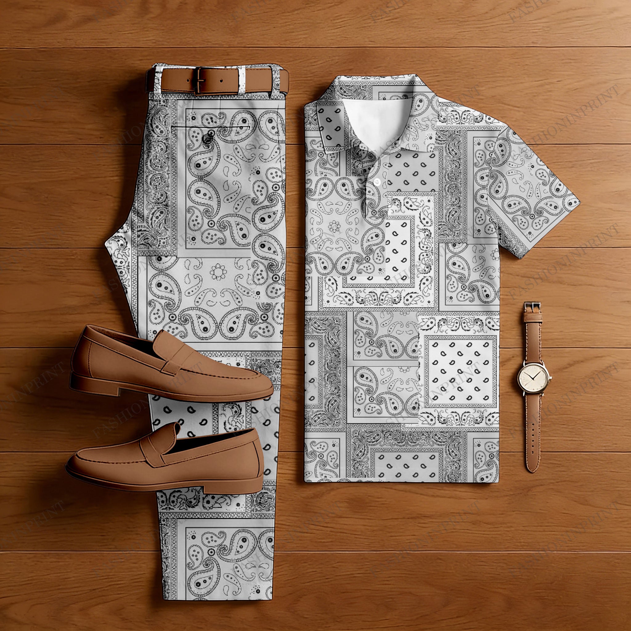 Men's Casual Gray Color Matching Ethnic Style Floral Printed Short Sleeved Polo Shirt & Trousers Two-Piece Set 202667
