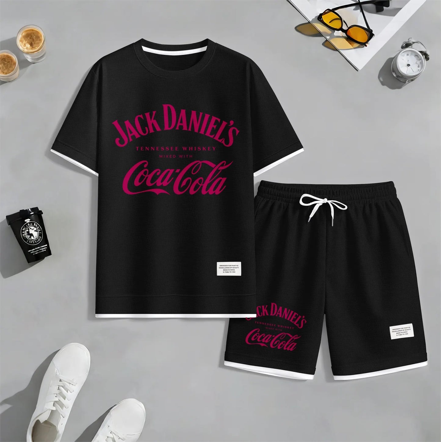Men's Beer Print Drawstring Shorts Set, Suitable For Spring And Summer Wear, Casual Summer Set, Including Short-Sleeved Shirt And Shorts, Suitable For Everyday Wear And Sports 08