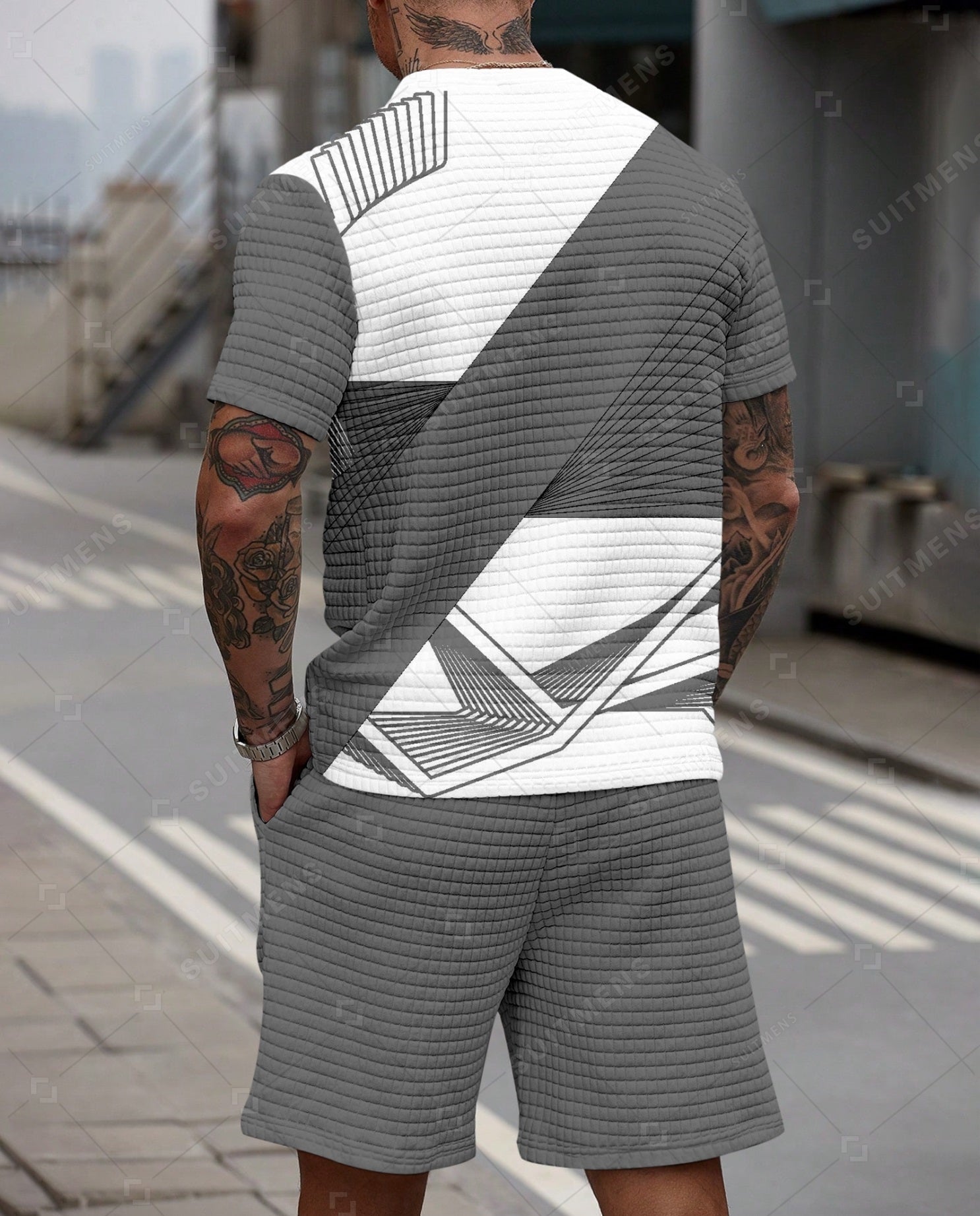 Men's Casual Waffle Textured Summer Round Neck Short Sleeve Shorts Set 0015