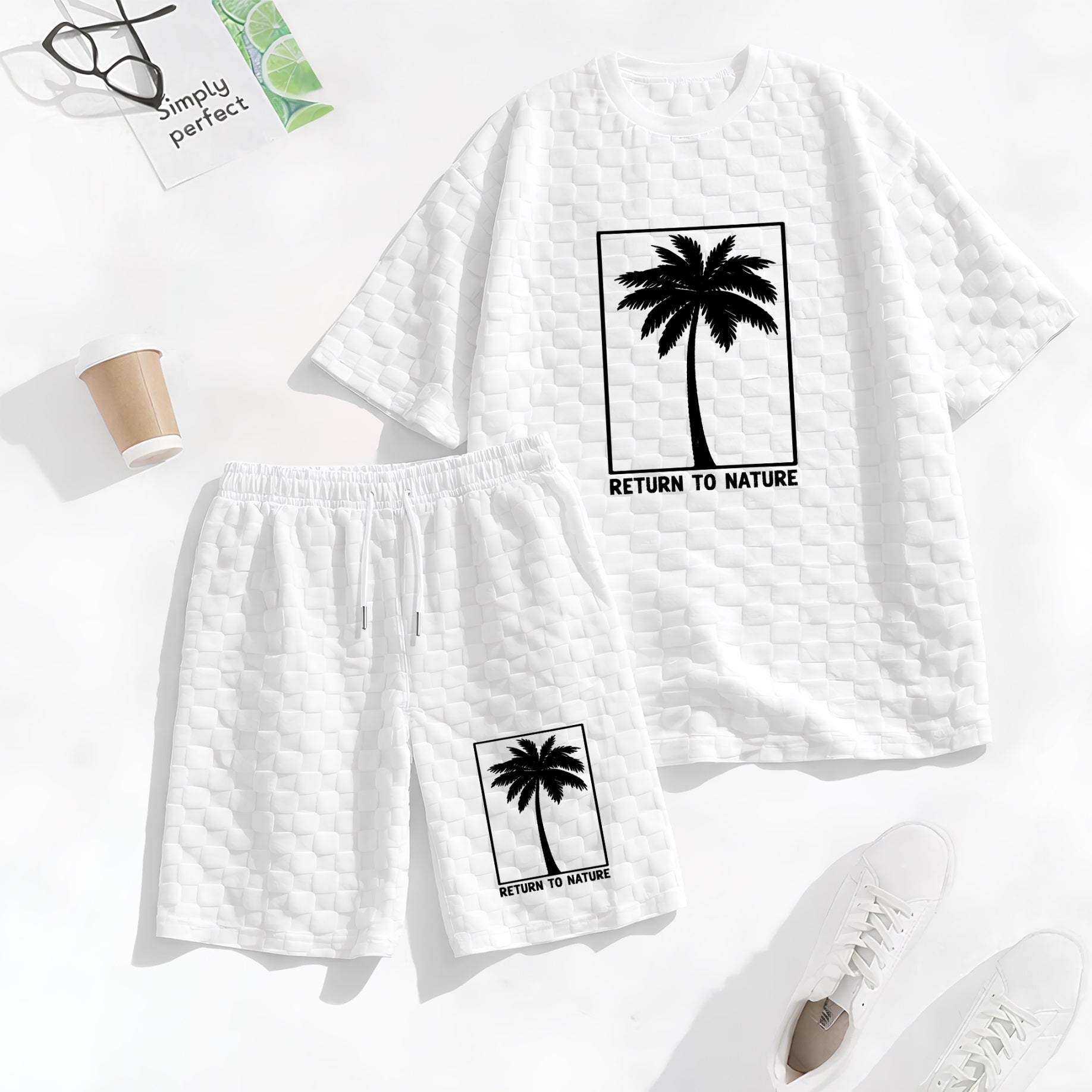Men's Palm Print Spring And Summer Drawstring Shorts Set, A Casual Summer Outfit, Including A Short-Sleeved Shirt And Shorts, Suitable For Everyday Wear And Sports Activities.