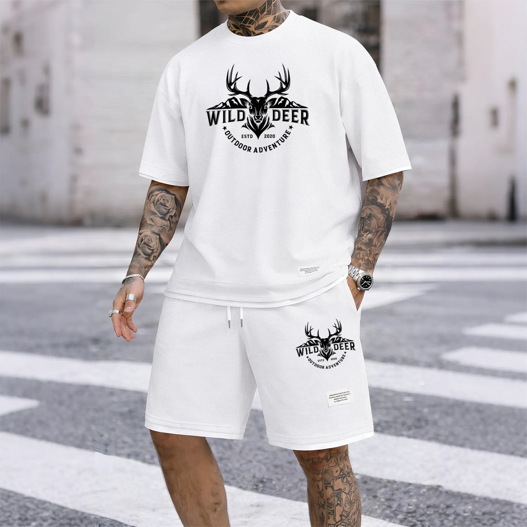 Men's Wild Deer Graphic Print Waffle Short Sleeve T-Shirt & Shorts Set, Summer Lightweight Outdoor Adventure Sporty Casual Two-Piece Outfit, Streetwear for Gym & Daily Wear