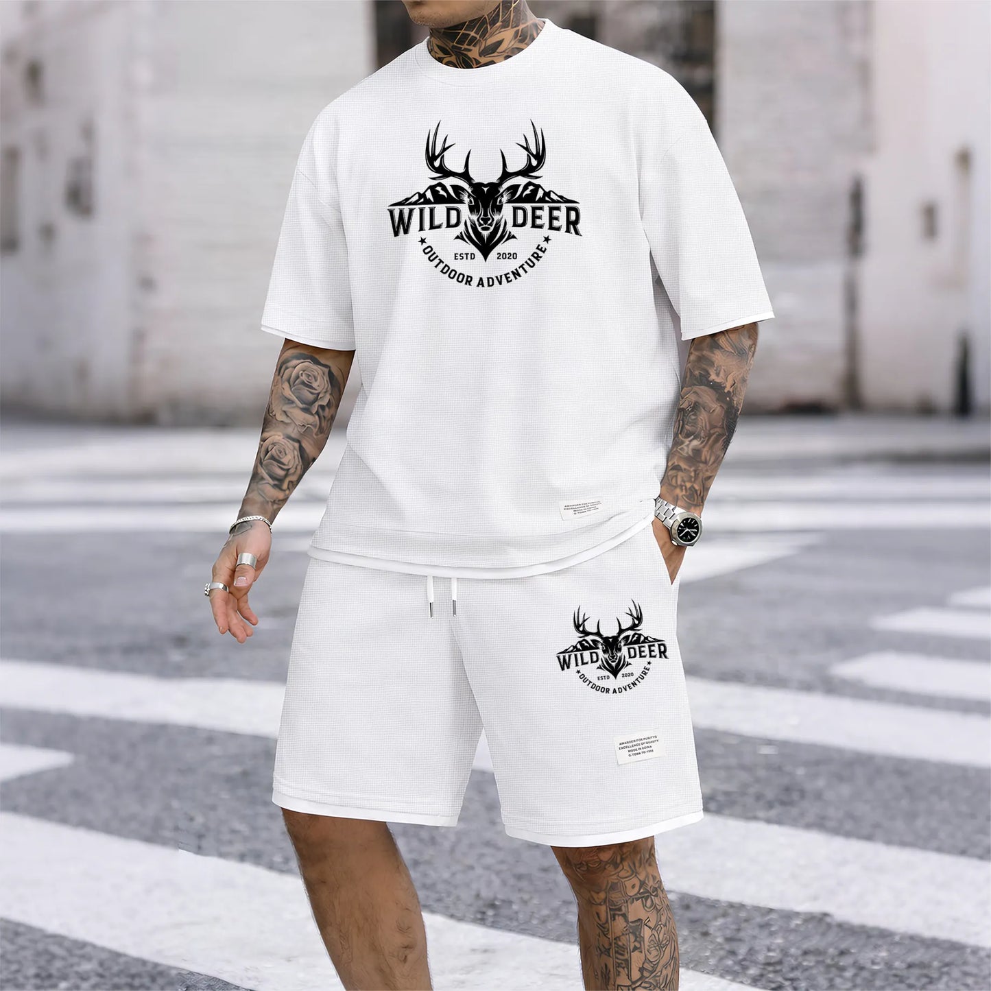 Men's Wild Deer Graphic Print Waffle Short Sleeve T-Shirt & Shorts Set, Summer Lightweight Outdoor Adventure Sporty Casual Two-Piece Outfit, Streetwear for Gym & Daily Wear